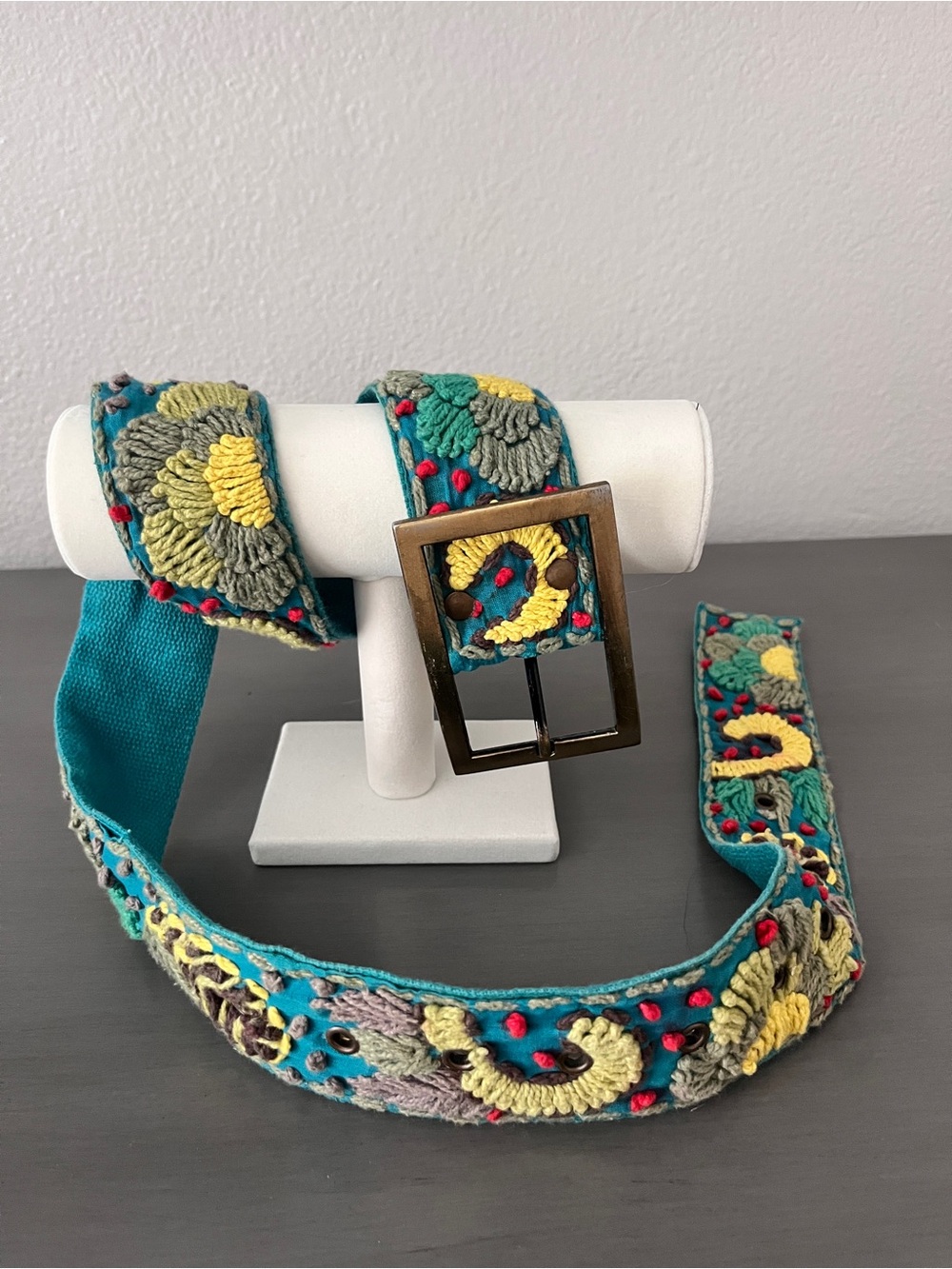 KARMA Hand Embroidered Teal Floral Belt S/M